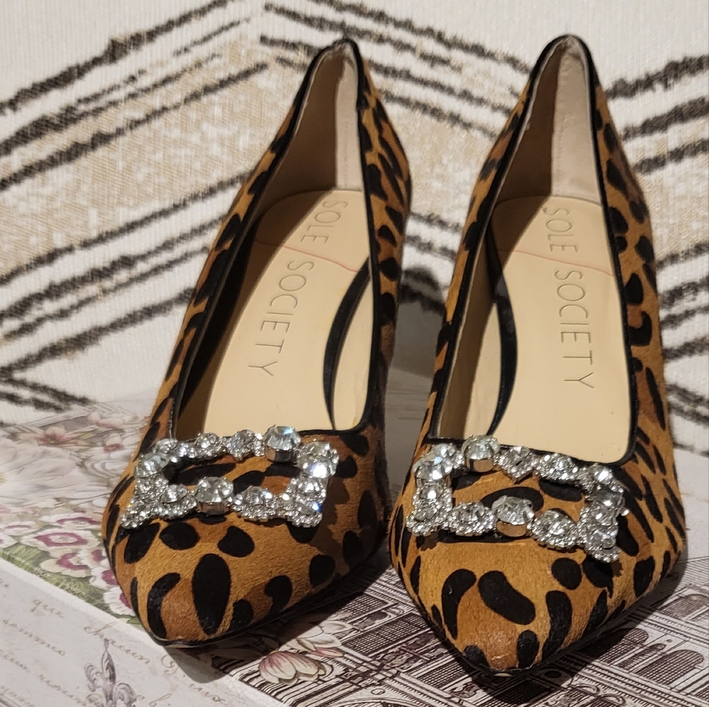 Women's Harriet Calf Fur Embellished Leopard print Pumps